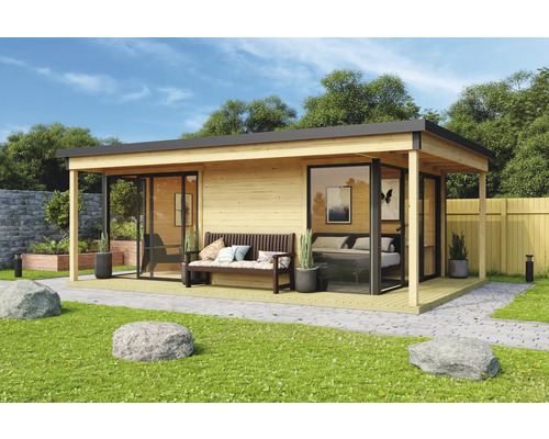 Maison de jardin moderne avec façade en bois, façade en verre et terrasse avec banc