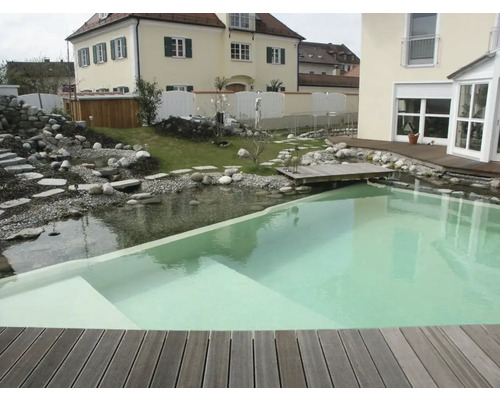 Scène de jardin avec bassin de baignade, pierres, ponton et terrasse