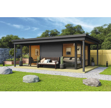 Maison de jardin moderne avec banc et façade en verre sur une pelouse