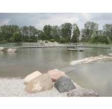 Lac de baignade naturel avec ponton en bois, rive plantée et pierres dans l''eau