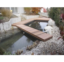 Bassin de jardin avec passerelle en bois et pierres