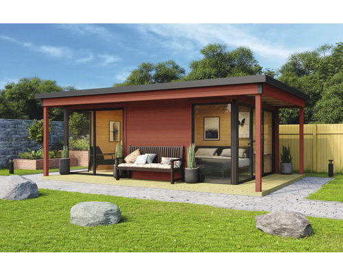 Maison de jardin moderne avec terrasse, banc et végétation dans le jardin.