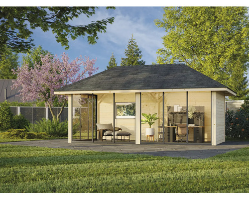 Jardin avec une maison de jardin moderne en bois, équipée d''un bureau et d''un coin salon