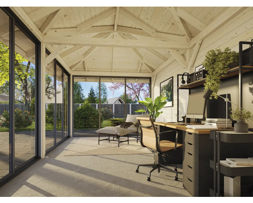 Pavillon de jardin lumineux avec poste de travail et grandes baies vitrées