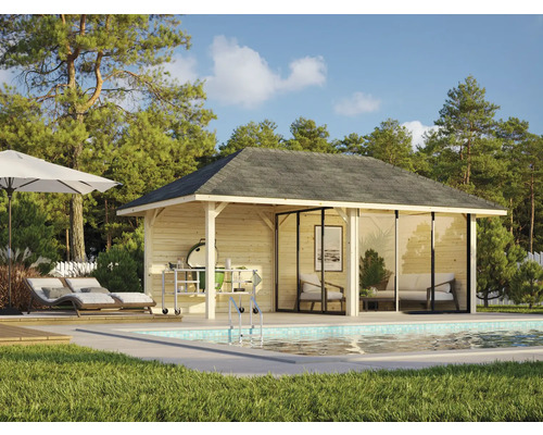 Scène de jardin avec piscine, barbecue et pavillon en bois avec portes coulissantes