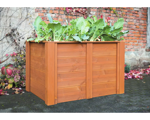 Jardinière surélevée en bois avec des plantations dans le jardin