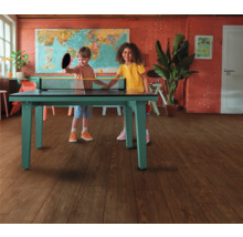 Deux enfants jouent au tennis de table à l''intérieur sur une table de ping-pong verte.