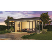 Pavillon de jardin moderne avec portes coulissantes et terrasse en bois dans un jardin bien entretenu.