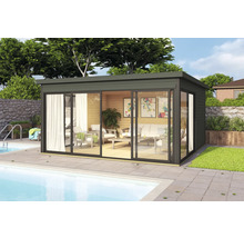 Pavillon de jardin moderne avec portes coulissantes et vue sur la piscine