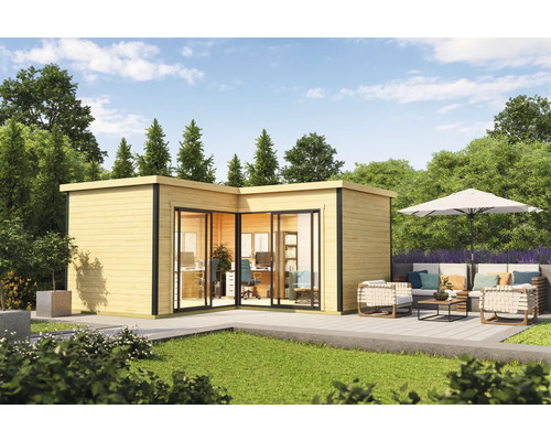 Abri de jardin moderne avec équipement de bureau et coin salon extérieur