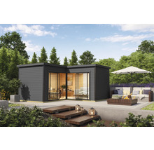 Maison de jardin moderne avec terrasse et coin salon extérieur.