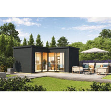 Maison de jardin moderne avec terrasse, mobilier de jardin et équipement de bureau