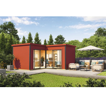 Bureau de jardin moderne avec terrasse et mobilier de bureau extérieur.