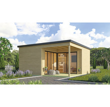 Abri de jardin moderne avec terrasse et portes coulissantes dans le jardin