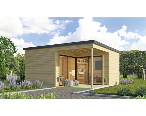 Abri de jardin moderne avec terrasse et portes coulissantes dans le jardin