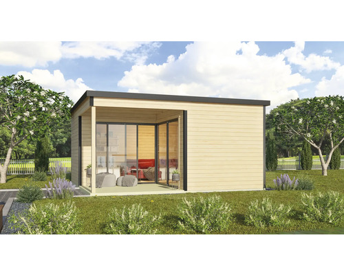 Abri de jardin moderne avec de grandes portes coulissantes en verre et un toit plat dans un jardin soigné.