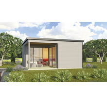 Pavillon de jardin avec façade en verre et toit plat dans le jardin