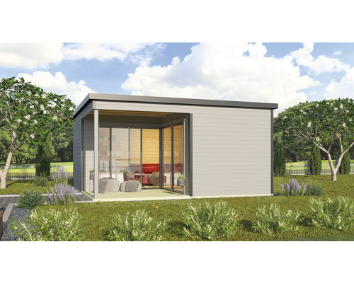 Pavillon de jardin avec façade en verre et toit plat dans le jardin