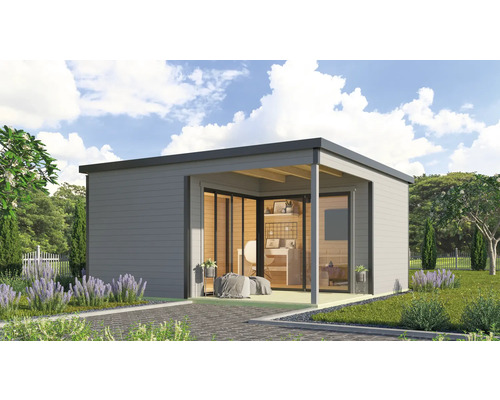 Maison de jardin moderne avec façade en verre et terrasse couverte dans le jardin