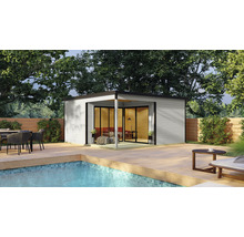 Maison de jardin moderne avec terrasse et piscine pour l'extérieur.