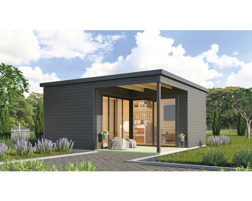 Pavillon de jardin moderne avec terrasse et grandes façades vitrées, entouré de verdure