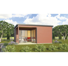 Maison de jardin moderne avec façade en bois et grande façade vitrée dans le jardin.