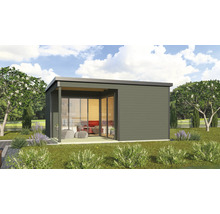 Abri de jardin moderne avec façade en verre et toit plat dans un jardin soigné