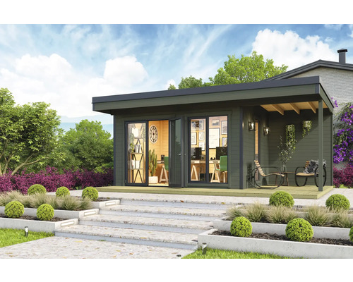 Abri de jardin moderne avec bureau et terrasse couverte