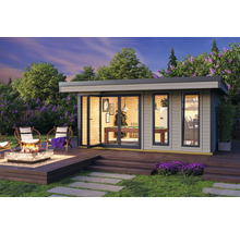 Maison de jardin moderne avec table de billard, foyer et coin salon sur la terrasse