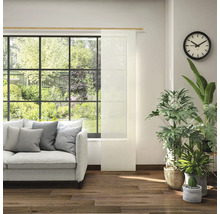 Wohnzimmer mit Sofa, Zimmerpflanzen, Uhr und Schiebegardine am Fenster