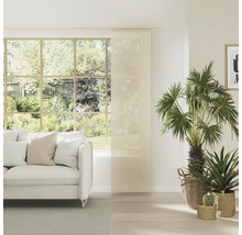 Heller Wohnraum mit Schiebevorhang, Sofa und Pflanzen