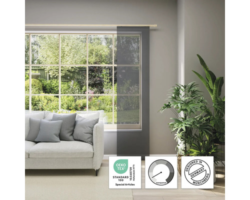 Wohnzimmer mit Fenster, Sofa und transparentem Schiebevorhang mit Öko-Tex Standard 100 Siegel und Design aus Deutschland Siegel