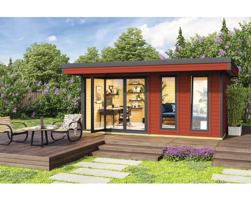 Maison de jardin moderne avec terrasse, mobilier de bureau et ensemble de sièges de jardin dans un jardin bien entretenu.