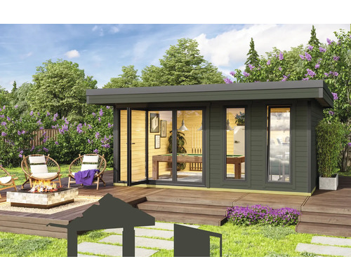 Maison de jardin avec table de billard, foyer et sièges sur une terrasse en bois