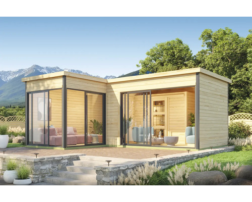Gartenhaus Outdoor Life Domeo 11 inkl. Fußboden 619,6 x 519,6 cm natur Modernes Gartenhaus mit großen Glasflächen und Terrasse im Außenbereich.