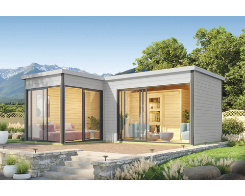Gartenhaus Outdoor Life Domeo 11 inkl. Fußboden 619,6 x 519,6 cm hellgrau Modernes Gartenhaus mit großen Glasflächen und Holzverkleidung im Außenbereich.