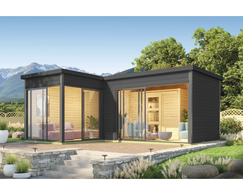 Gartenhaus Outdoor Life Domeo 11 inkl. Fußboden 619,6 x 519,6 cm carbongrau Modernes Gartenhaus mit großen Glasfronten und dunkler Holzverkleidung, umgeben von Gartenlandschaft