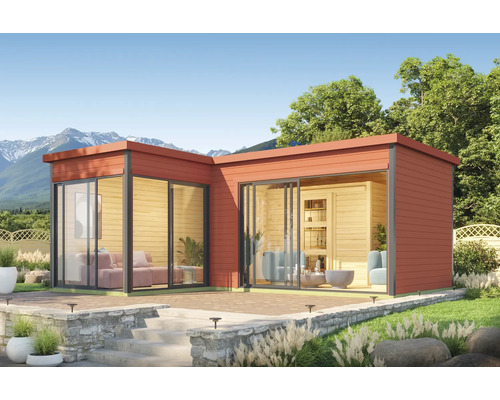 Gartenhaus Outdoor Life Domeo 11 inkl. Fußboden 619,6 x 519,6 cm schwedischrot Modernes Gartenhaus mit großen Fensterflächen und Terrasse im Außenbereich.