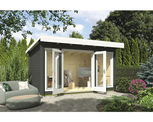 Holzgartenhaus mit Doppeltür, Sofa und Gartengestaltung