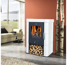 Poêle à bois avec espace de stockage du bois dans le salon