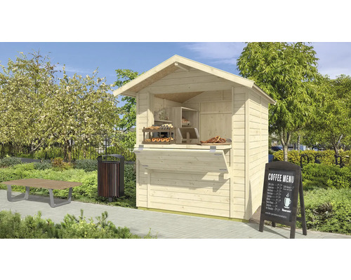 Kiosque de vente en bois dans un parc avec des collations, une table, une poubelle et un tableau de menu de café