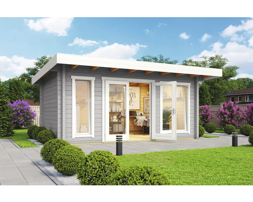 Gartenhaus Outdoor Life Dorset 72 inkl. Fußboden 510 x 360 cm hellgrau Modernes Gartenhaus mit Terrasse und großen Fenstern für viel Tageslicht.