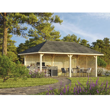Pavillon en bois avec espace barbecue et coin salon dans le jardin