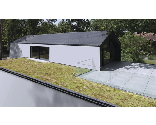 Modernes Haus mit Gründach, Terrasse und großen Fenstern.