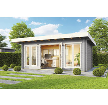 Modernes Gartenhaus mit Büroausstattung im Aussenbereich auf Rasenfläche
