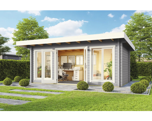Gartenhaus Outdoor Life Dorset 73 inkl. Fußboden 540 x 360 cm hellgrau Modernes Gartenhaus mit Büroausstattung im Aussenbereich auf Rasenfläche