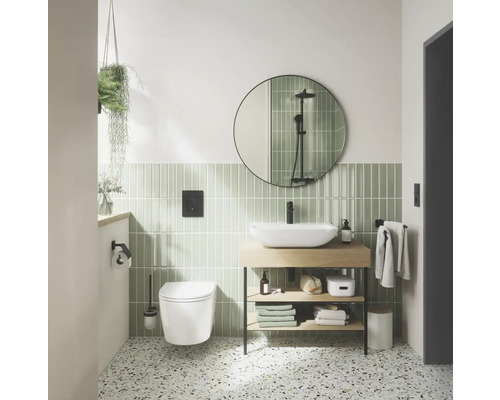 Salle de bain moderne avec meuble-lavabo, miroir, WC et décoration