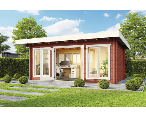 Gartenhaus Outdoor Life Dorset 73 inkl. Fußboden 540 x 360 cm schwedischrot Modernes Gartenhaus mit Büroausstattung im Außenbereich.