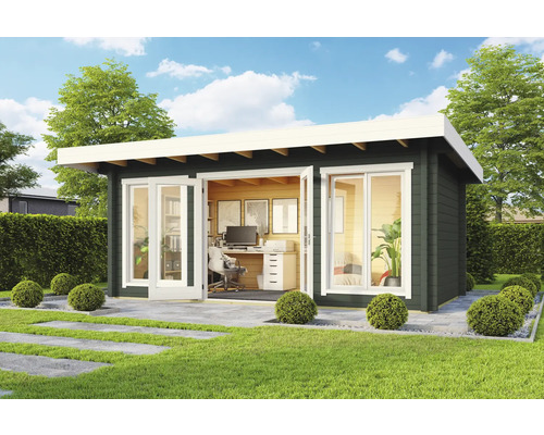 Gartenhaus Outdoor Life Dorset 73 inkl. Fußboden 540 x 360 cm graugrün Modernes Gartenhaus mit Büroausstattung und viel Tageslicht