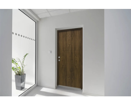 Holztür in einem hellen Flur mit einer Zimmerpflanze im Hintergrund